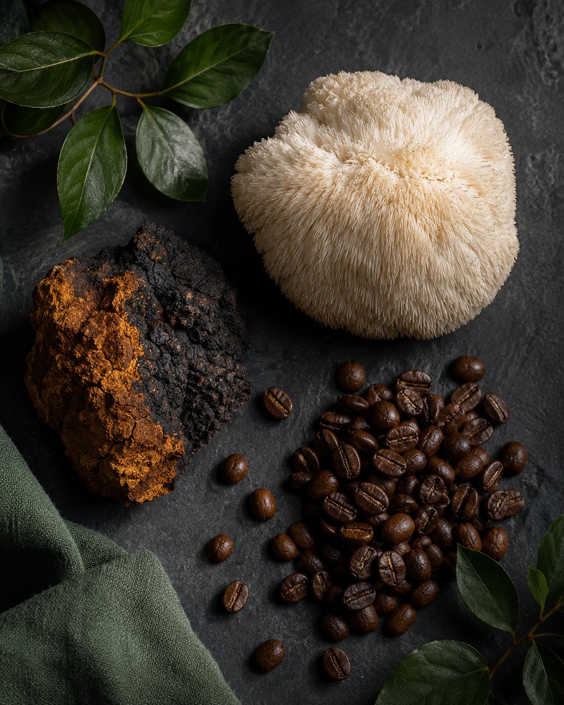 Lion's Mane, Chaga and coffee beans